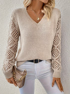 Knit Pullover with V-Neck and Openwork Sleeves for Women