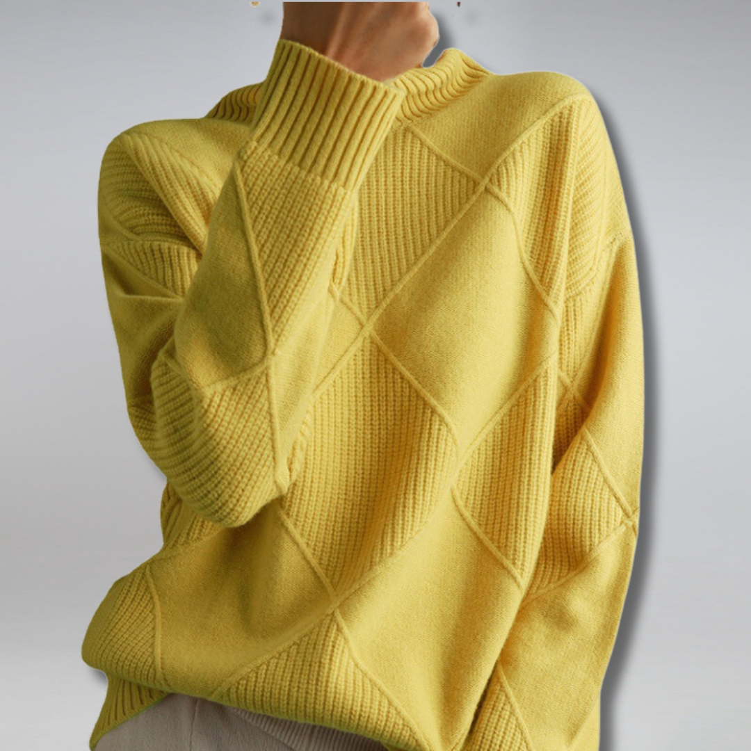 Turtleneck Sweater with Diamond Pattern and Ribbed Cuffs