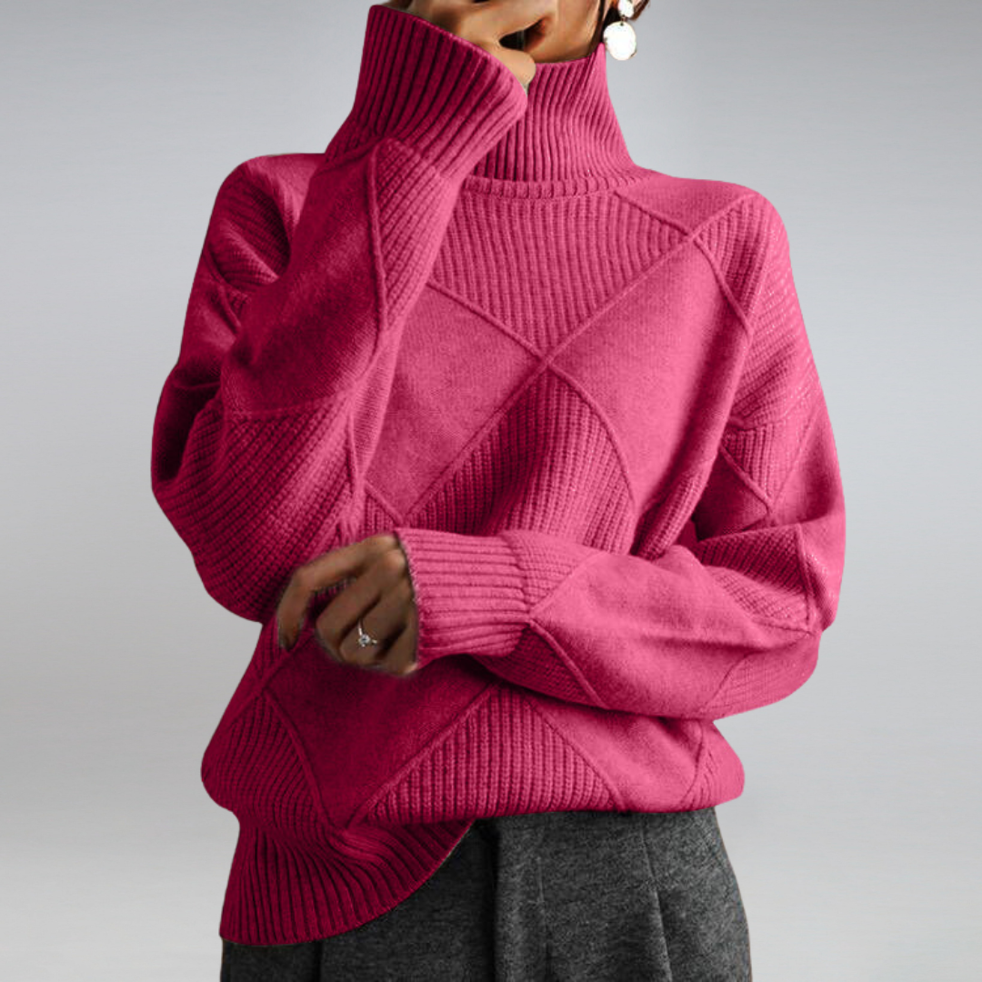 Turtleneck Sweater with Diamond Pattern and Ribbed Cuffs