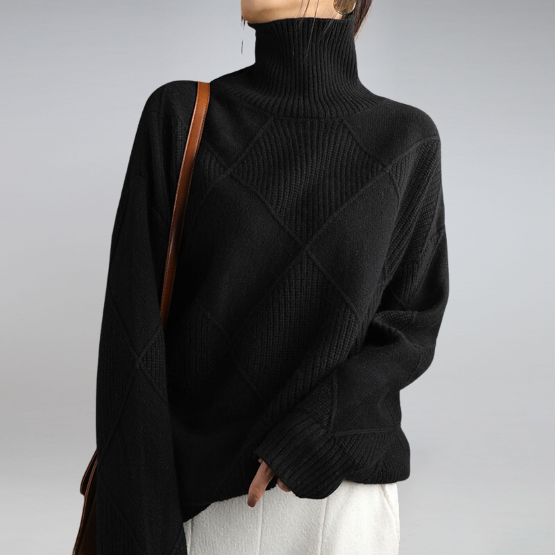 Turtleneck Sweater with Diamond Pattern and Ribbed Cuffs