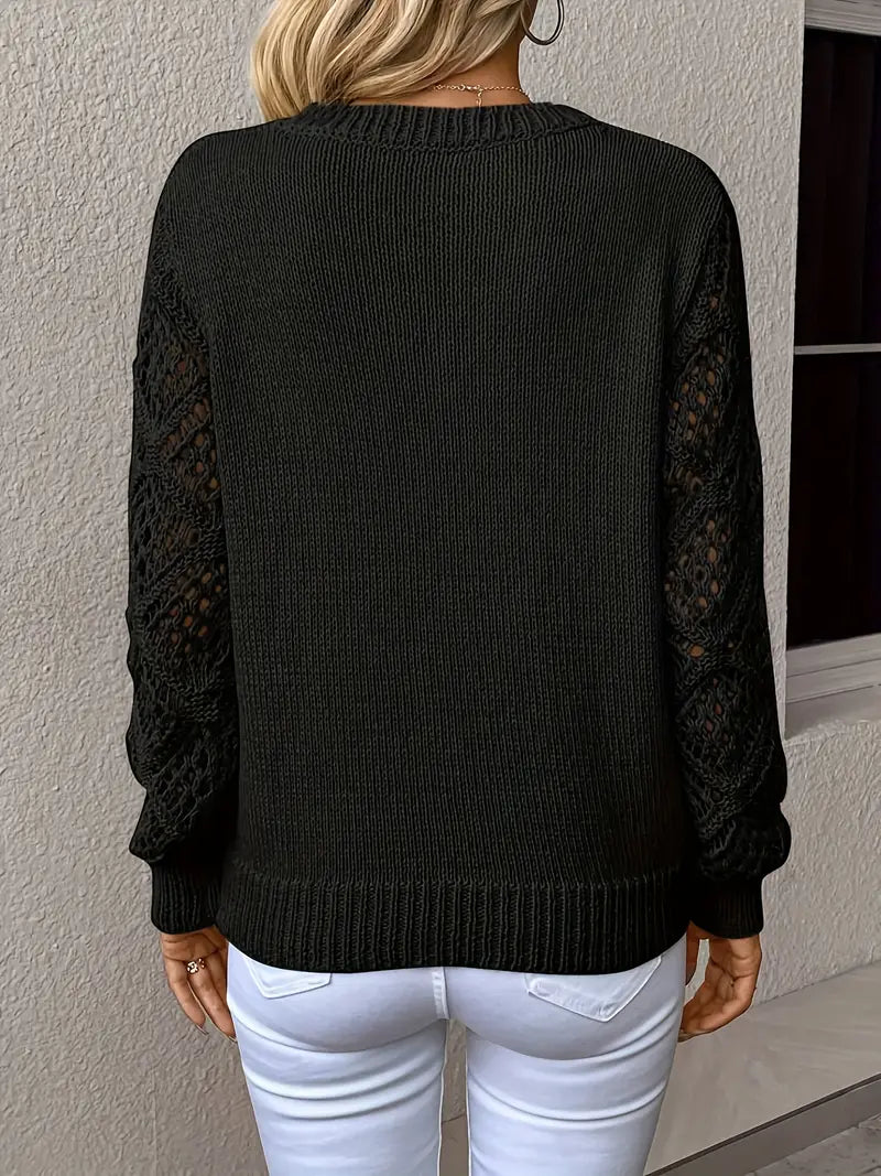 Knit Pullover with V-Neck and Openwork Sleeves for Women