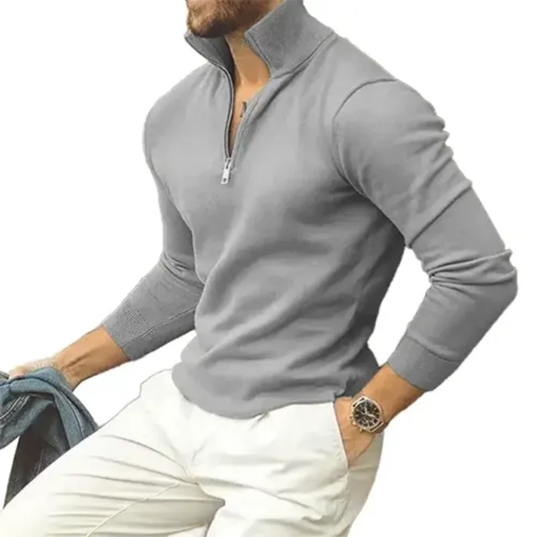 Quarter-Zip Pullover with High Collar and Ribbed Cuffs