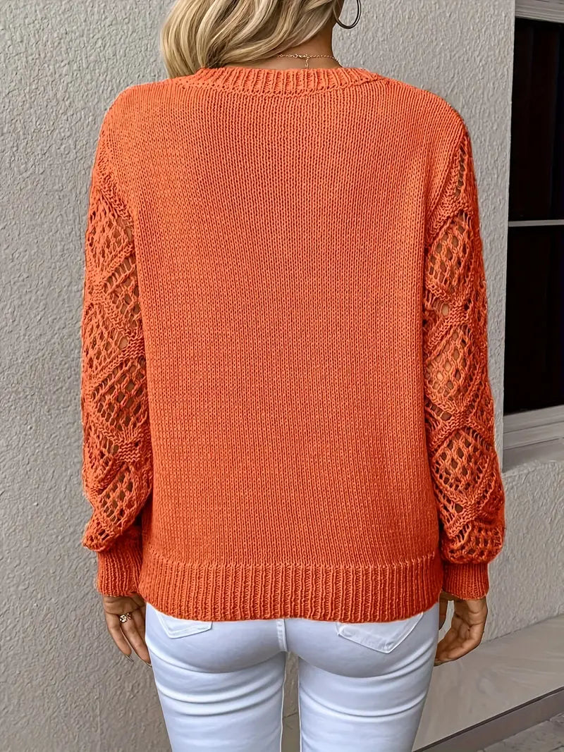 Knit Pullover with V-Neck and Openwork Sleeves for Women