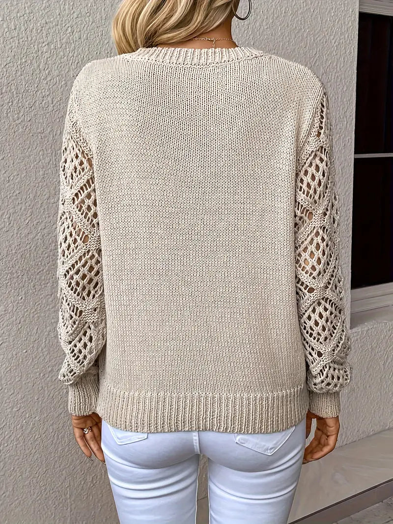 Knit Pullover with V-Neck and Openwork Sleeves for Women